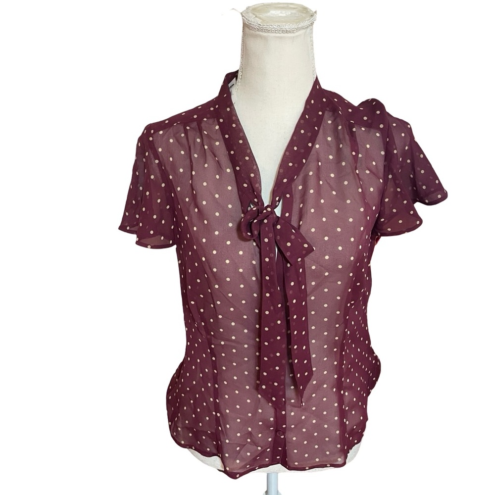 Old Navy Perfect Fit Silk polka dot button down blouse maroon tan sheer MEDIUM - Picture 3 of 16